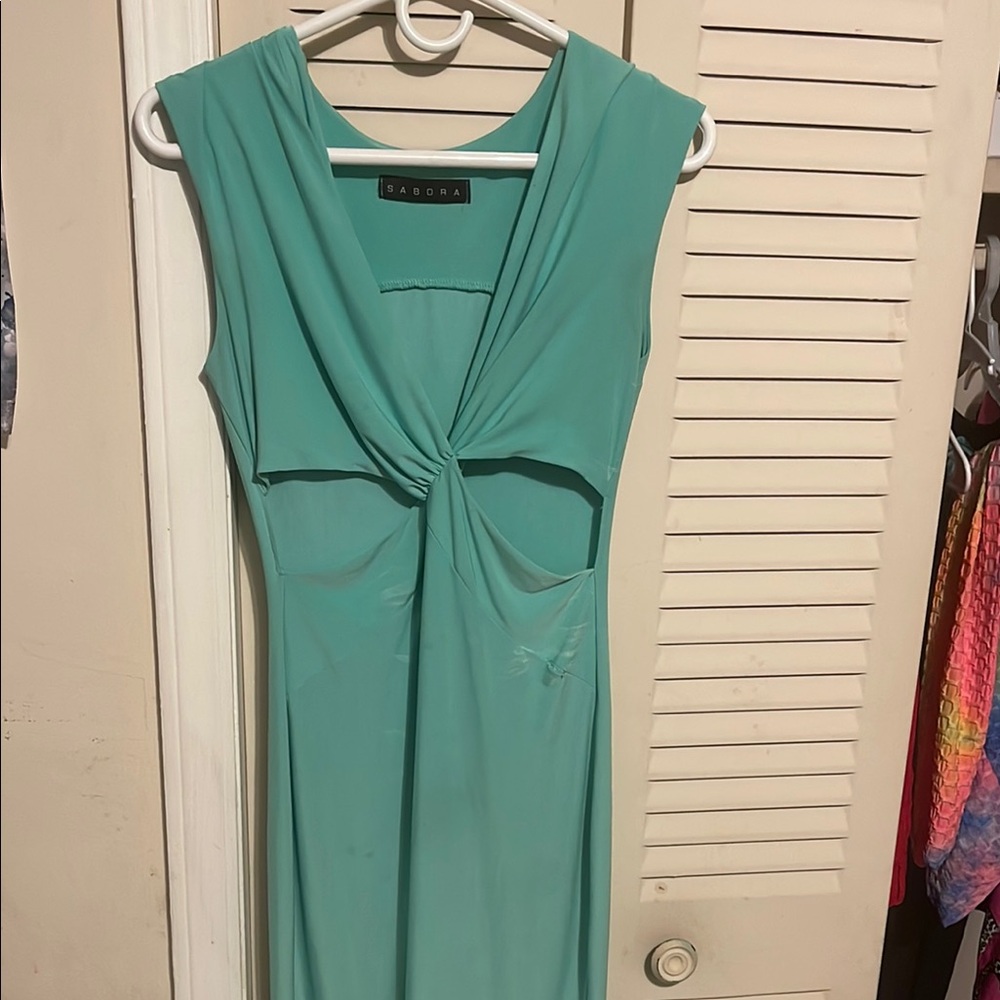 Sabora Green Sheath Dress Cowl Neck Sleeveless